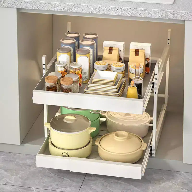 Kitchen Pull Out Drawers for Cabinets , 2 - Tier Adjustable Slide Out Organizer , Under Cabinet Pots and Pans Storage Rack , Heavy - Duty Carbon Steel