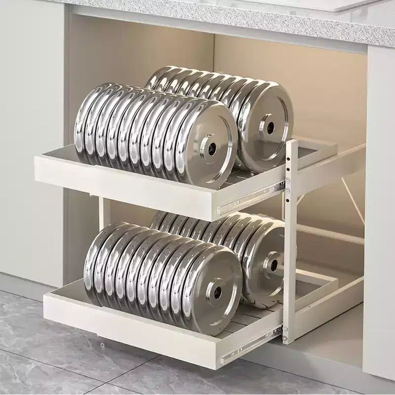Kitchen Pull Out Drawers for Cabinets , 2 - Tier Adjustable Slide Out Organizer , Under Cabinet Pots and Pans Storage Rack , Heavy - Duty Carbon Steel