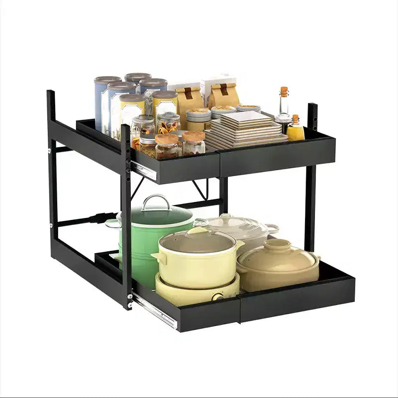 Kitchen Pull Out Drawers for Cabinets, 2-Tier Adjustable Slide Out Organizer, Under Cabinet Pots and Pans Storage Rack, Heavy-Duty Carbon Steel