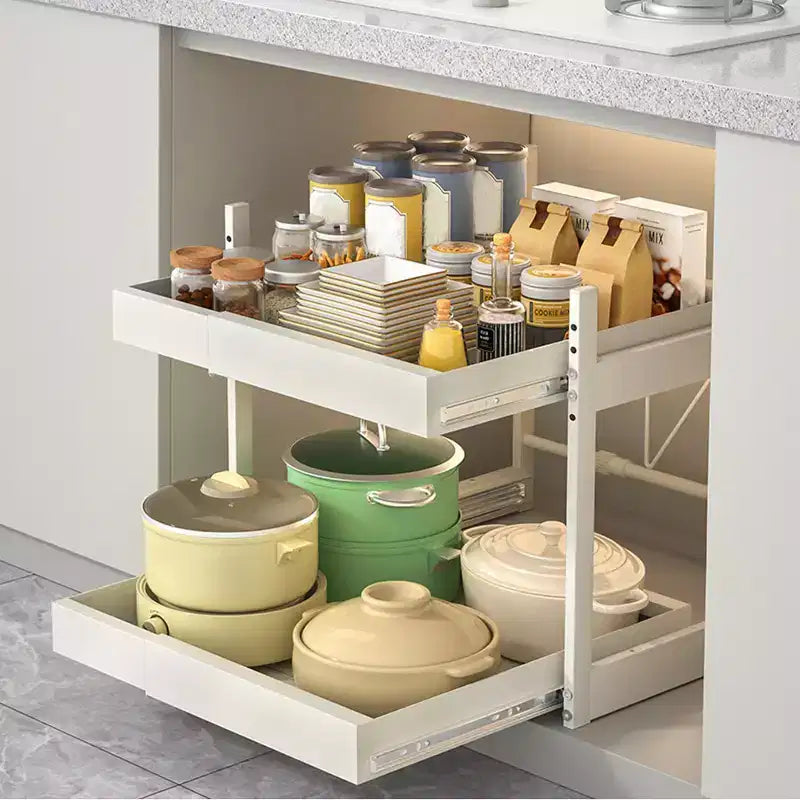 Kitchen Pull Out Drawers for Cabinets , 2 - Tier Adjustable Slide Out Organizer , Under Cabinet Pots and Pans Storage Rack , Heavy - Duty Carbon Steel