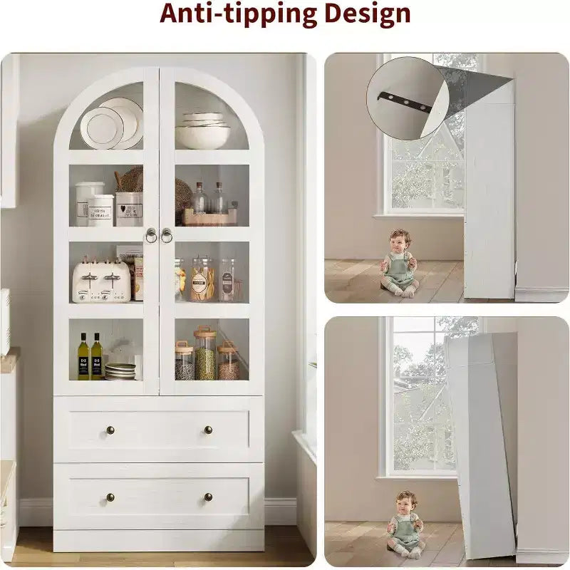 Kitchen Pantry , 72 High Arched Kitchen Pantry Cabinet , Wooden Multipurpose Country Style Cabinet with Drawers , Modern Farmhouse Style Cabinet
