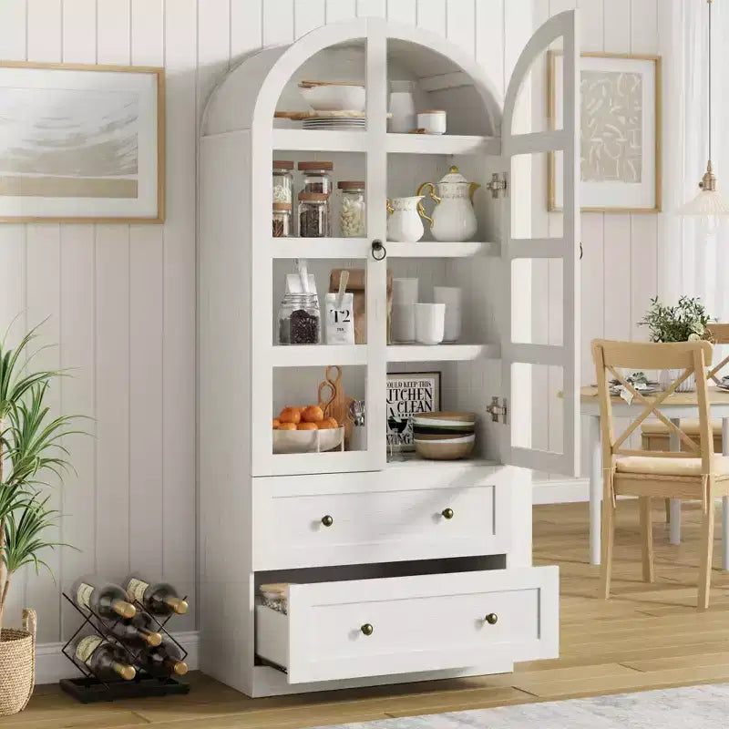 Kitchen Pantry , 72 High Arched Kitchen Pantry Cabinet , Wooden Multipurpose Country Style Cabinet with Drawers , Modern Farmhouse Style Cabinet