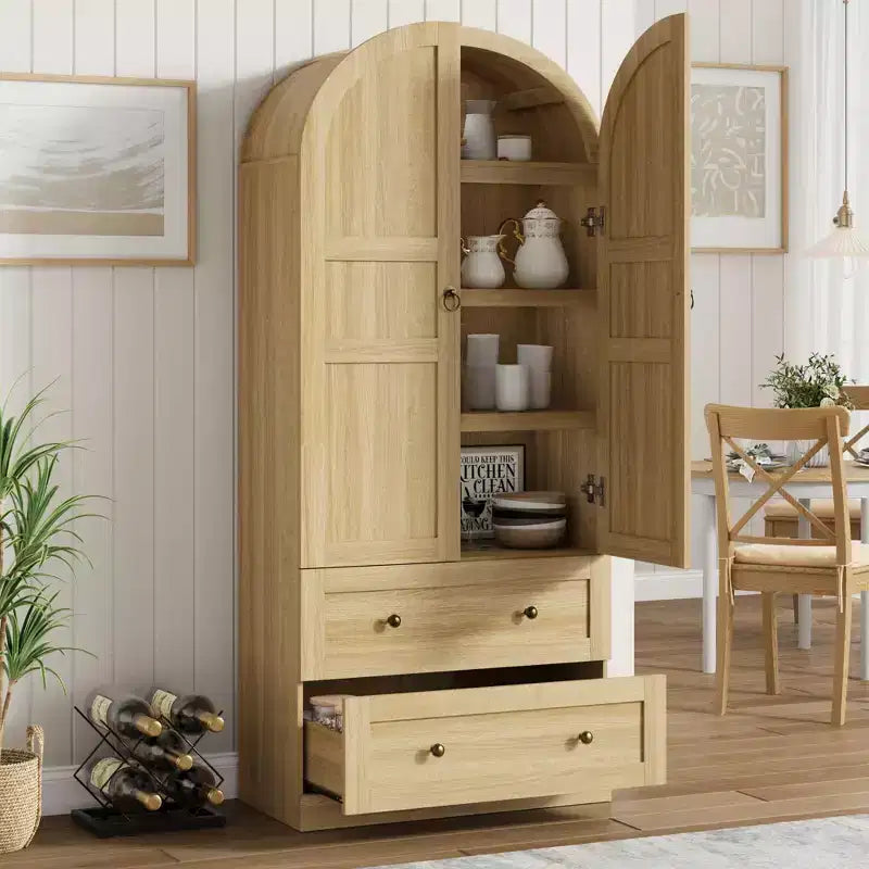 Kitchen Pantry, 72 High Arched Kitchen Pantry Cabinet, Wooden Multipurpose Country Style Cabinet with Drawers, Modern Farmhouse Style Cabinet