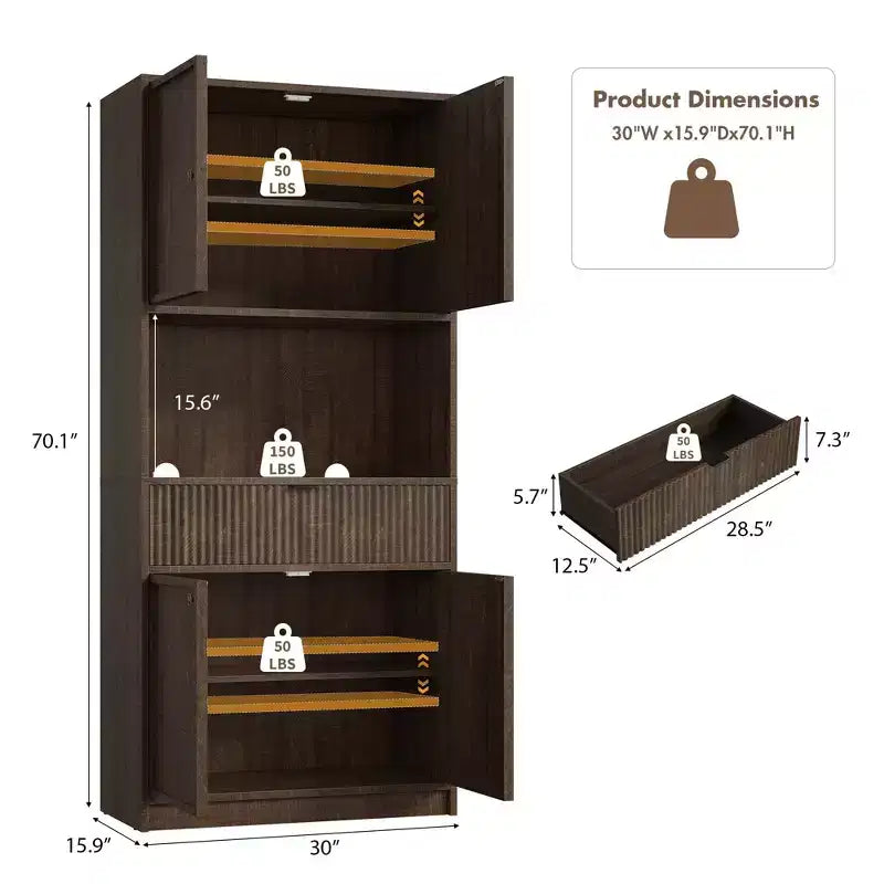 Tall Kitchen Pantry Cabinet , 70 Pantry Storage Cabinet with Countertop , Fluted Kitchen Hutch Cabinets with Doors and Drawer , Freestanding Cupboard