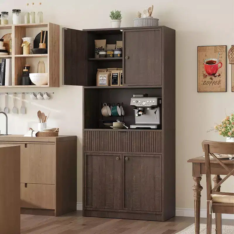 Tall Kitchen Pantry Cabinet , 70 Pantry Storage Cabinet with Countertop , Fluted Kitchen Hutch Cabinets with Doors and Drawer , Freestanding Cupboard