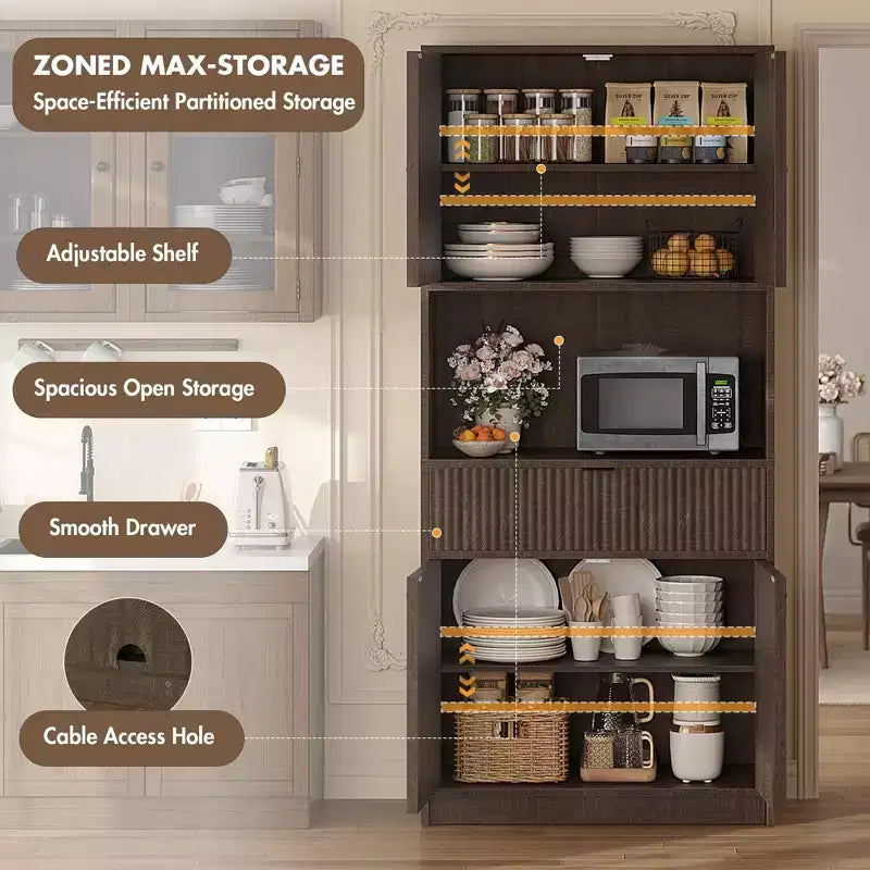 Tall Kitchen Pantry Cabinet , 70 Pantry Storage Cabinet with Countertop , Fluted Kitchen Hutch Cabinets with Doors and Drawer , Freestanding Cupboard
