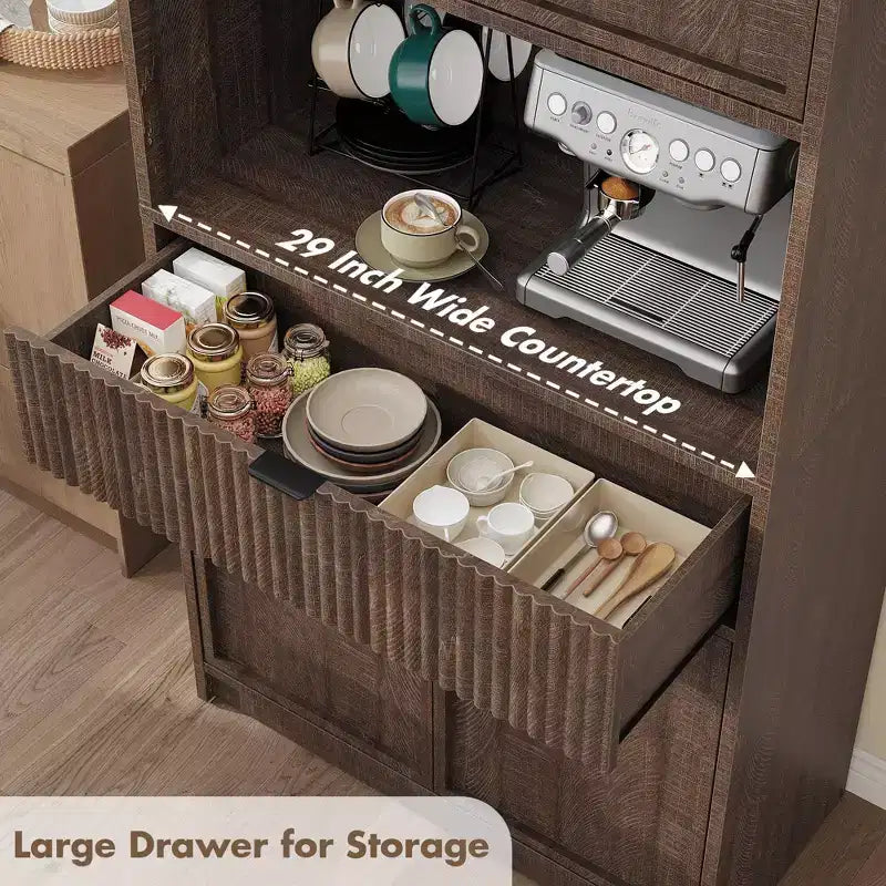 Tall Kitchen Pantry Cabinet , 70 Pantry Storage Cabinet with Countertop , Fluted Kitchen Hutch Cabinets with Doors and Drawer , Freestanding Cupboard