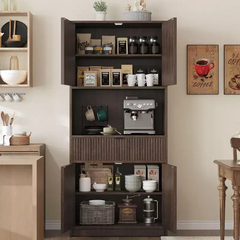 Tall Kitchen Pantry Cabinet , 70 Pantry Storage Cabinet with Countertop , Fluted Kitchen Hutch Cabinets with Doors and Drawer , Freestanding Cupboard
