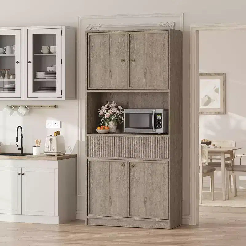 Tall Kitchen Pantry Cabinet , 70 Pantry Storage Cabinet with Countertop , Fluted Kitchen Hutch Cabinets with Doors and Drawer , Freestanding Cupboard