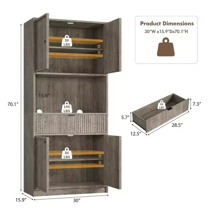 Tall Kitchen Pantry Cabinet , 70 Pantry Storage Cabinet with Countertop , Fluted Kitchen Hutch Cabinets with Doors and Drawer , Freestanding Cupboard