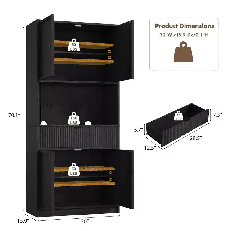 Tall Kitchen Pantry Cabinet , 70 Pantry Storage Cabinet with Countertop , Fluted Kitchen Hutch Cabinets with Doors and Drawer , Freestanding Cupboard