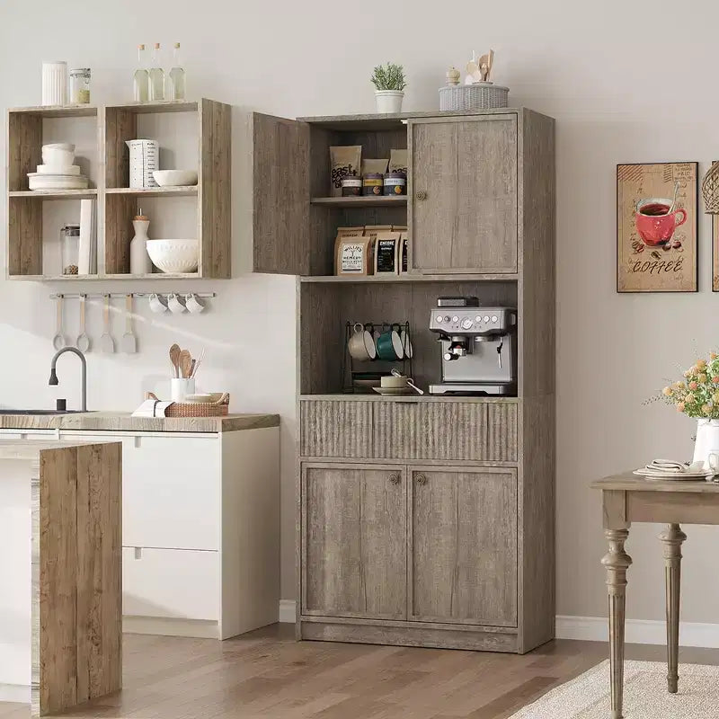 Tall Kitchen Pantry Cabinet , 70 Pantry Storage Cabinet with Countertop , Fluted Kitchen Hutch Cabinets with Doors and Drawer , Freestanding Cupboard