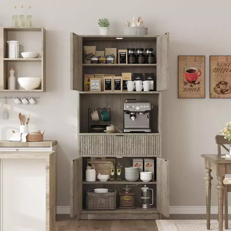 Tall Kitchen Pantry Cabinet , 70 Pantry Storage Cabinet with Countertop , Fluted Kitchen Hutch Cabinets with Doors and Drawer , Freestanding Cupboard