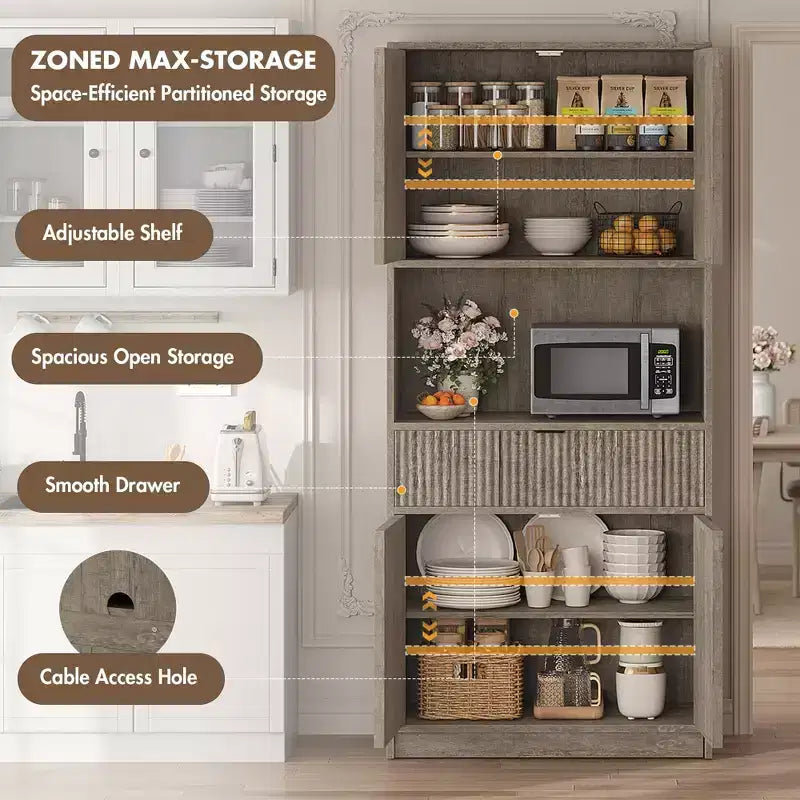 Tall Kitchen Pantry Cabinet , 70 Pantry Storage Cabinet with Countertop , Fluted Kitchen Hutch Cabinets with Doors and Drawer , Freestanding Cupboard
