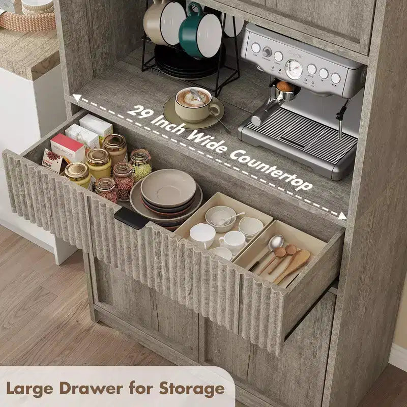 Tall Kitchen Pantry Cabinet , 70 Pantry Storage Cabinet with Countertop , Fluted Kitchen Hutch Cabinets with Doors and Drawer , Freestanding Cupboard