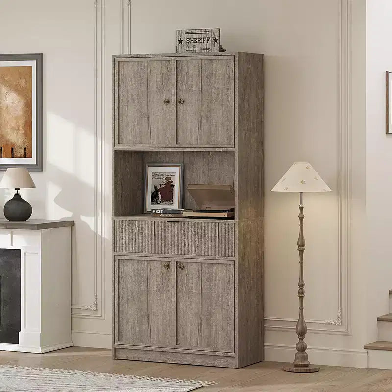 Tall Kitchen Pantry Cabinet , 70 Pantry Storage Cabinet with Countertop , Fluted Kitchen Hutch Cabinets with Doors and Drawer , Freestanding Cupboard