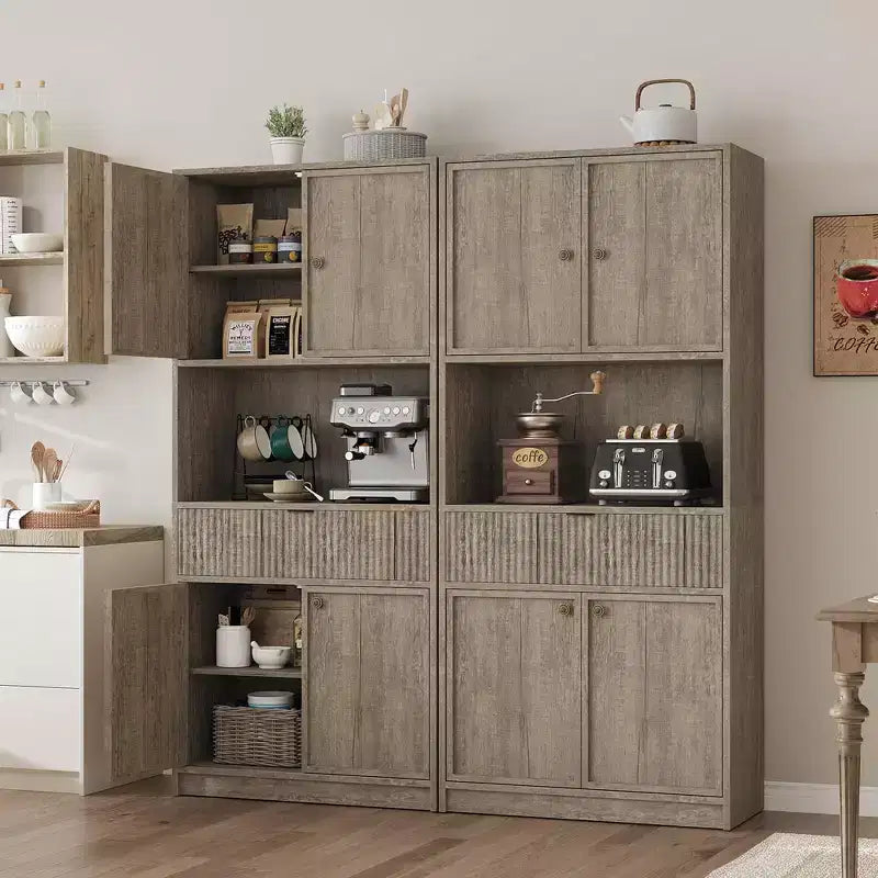 Tall Kitchen Pantry Cabinet , 70 Pantry Storage Cabinet with Countertop , Fluted Kitchen Hutch Cabinets with Doors and Drawer , Freestanding Cupboard