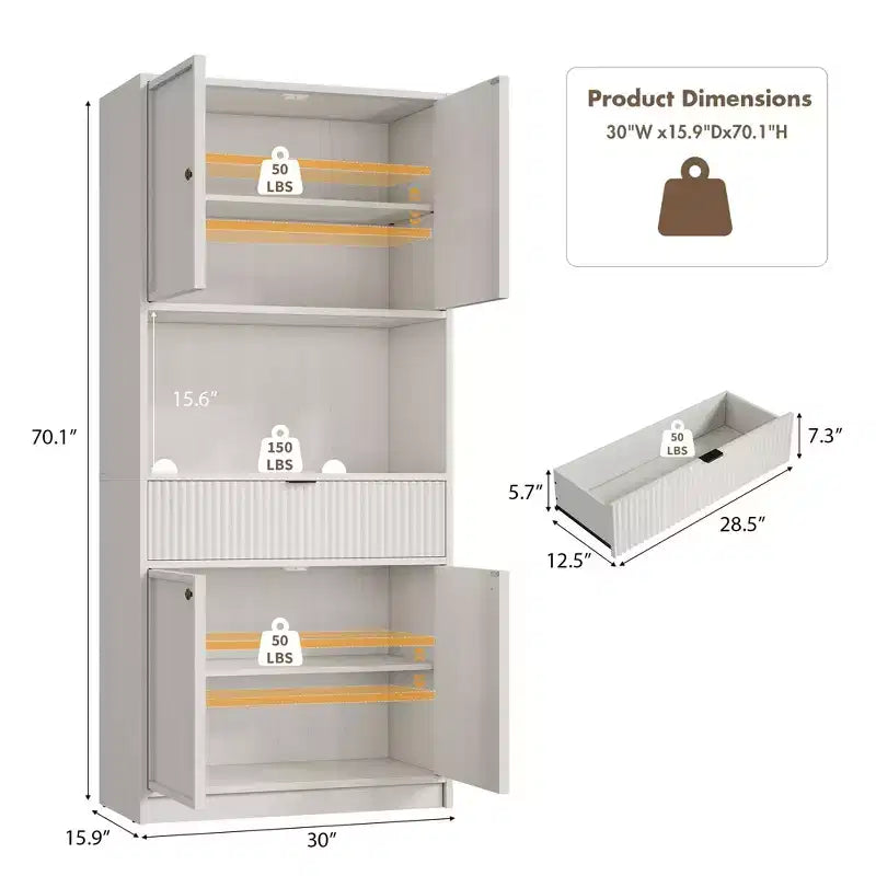 Tall Kitchen Pantry Cabinet , 70 Pantry Storage Cabinet with Countertop , Fluted Kitchen Hutch Cabinets with Doors and Drawer , Freestanding Cupboard
