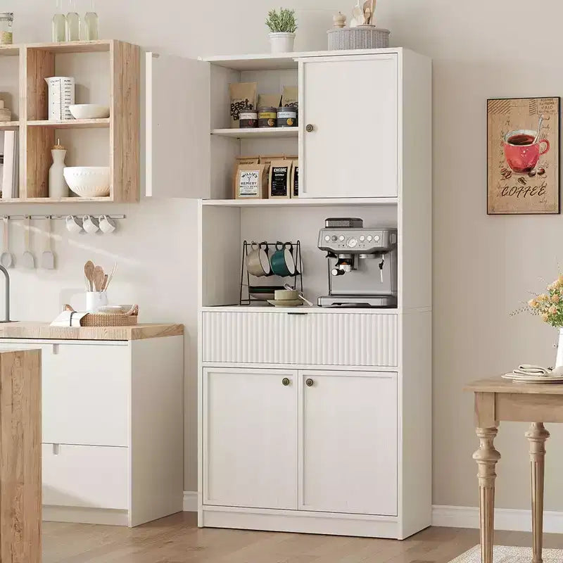 Tall Kitchen Pantry Cabinet , 70 Pantry Storage Cabinet with Countertop , Fluted Kitchen Hutch Cabinets with Doors and Drawer , Freestanding Cupboard