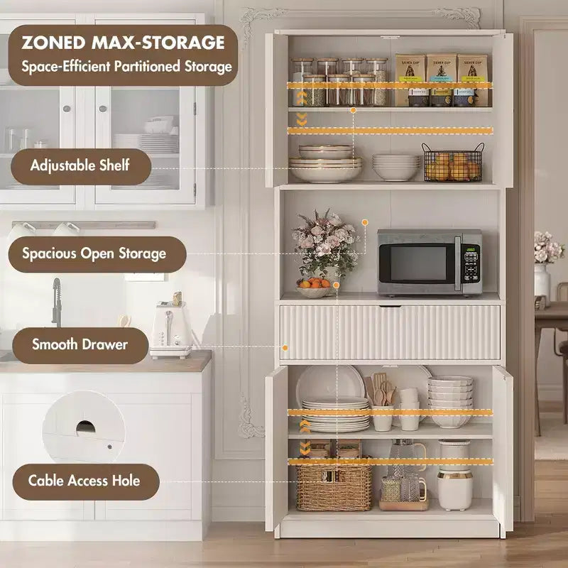 Tall Kitchen Pantry Cabinet , 70 Pantry Storage Cabinet with Countertop , Fluted Kitchen Hutch Cabinets with Doors and Drawer , Freestanding Cupboard