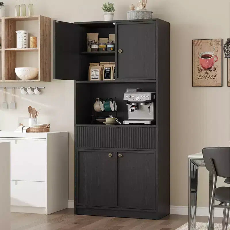 Tall Kitchen Pantry Cabinet , 70 Pantry Storage Cabinet with Countertop , Fluted Kitchen Hutch Cabinets with Doors and Drawer , Freestanding Cupboard
