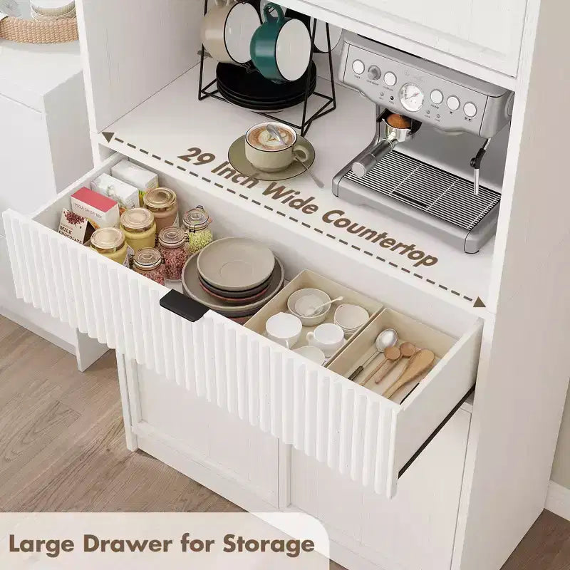 Tall Kitchen Pantry Cabinet , 70 Pantry Storage Cabinet with Countertop , Fluted Kitchen Hutch Cabinets with Doors and Drawer , Freestanding Cupboard