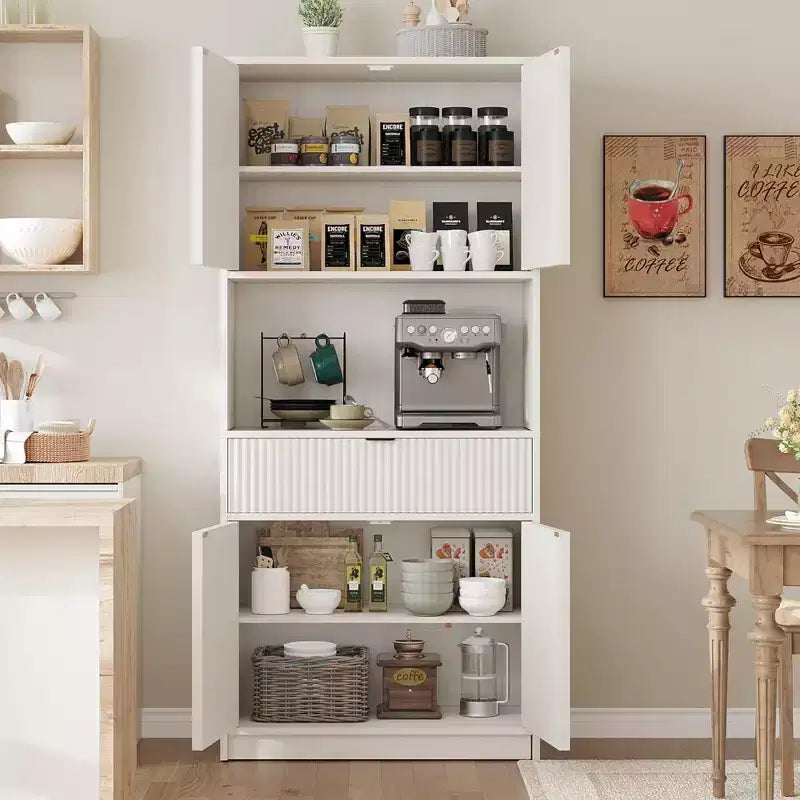 Tall Kitchen Pantry Cabinet , 70 Pantry Storage Cabinet with Countertop , Fluted Kitchen Hutch Cabinets with Doors and Drawer , Freestanding Cupboard
