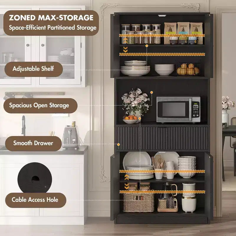 Tall Kitchen Pantry Cabinet , 70 Pantry Storage Cabinet with Countertop , Fluted Kitchen Hutch Cabinets with Doors and Drawer , Freestanding Cupboard