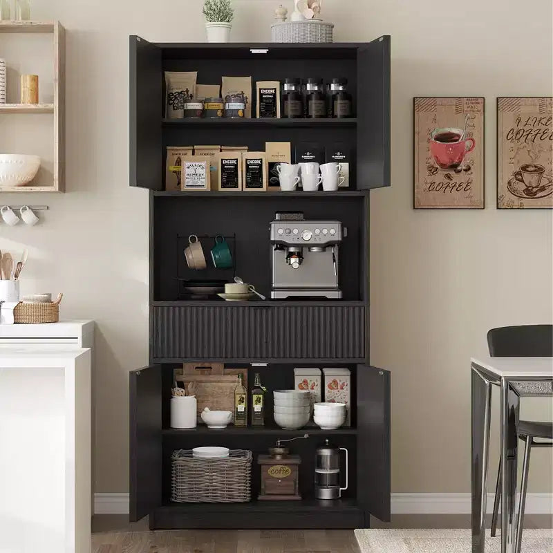 Tall Kitchen Pantry Cabinet , 70 Pantry Storage Cabinet with Countertop , Fluted Kitchen Hutch Cabinets with Doors and Drawer , Freestanding Cupboard