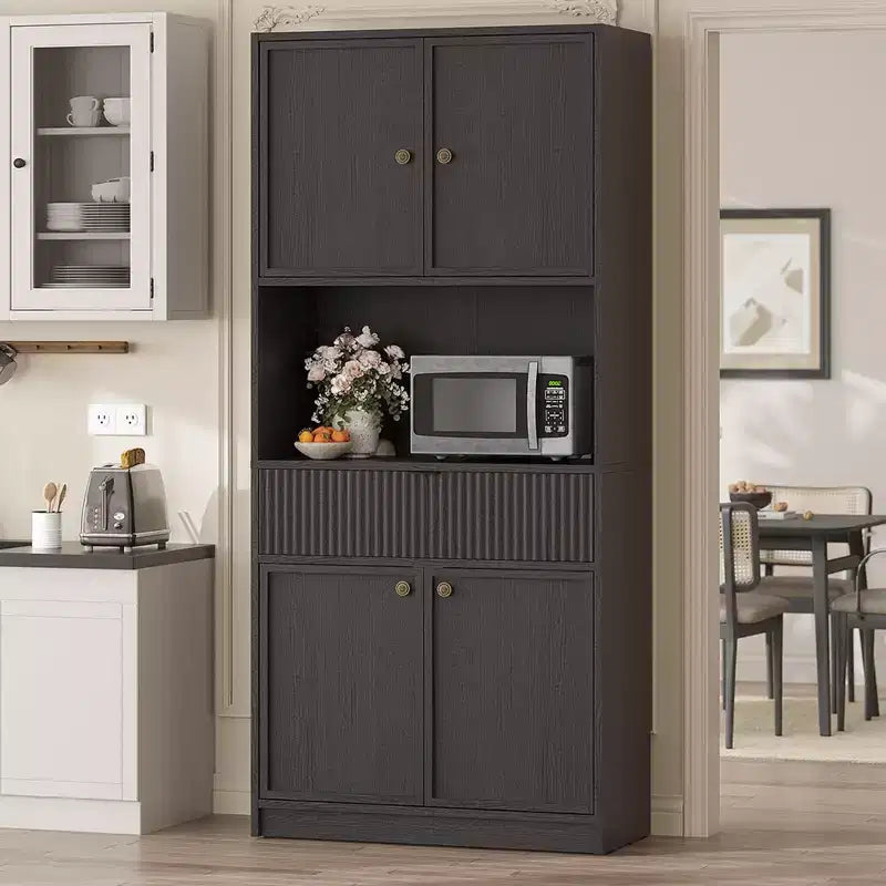 Tall Kitchen Pantry Cabinet, 70 Pantry Storage Cabinet with Countertop, Fluted Kitchen Hutch Cabinets with Doors and Drawer, Freestanding Cupboard