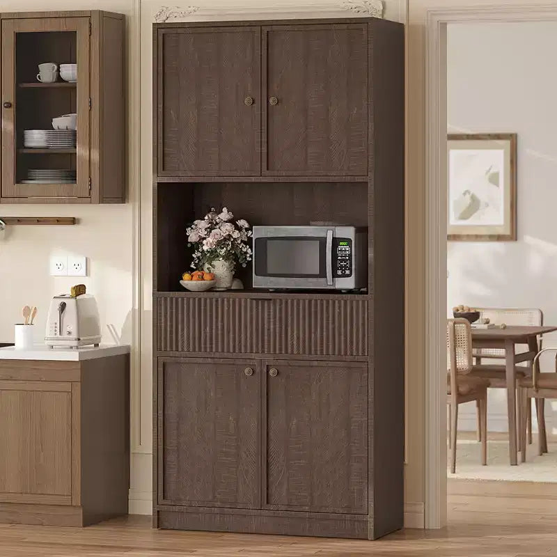 Tall Kitchen Pantry Cabinet , 70 Pantry Storage Cabinet with Countertop , Fluted Kitchen Hutch Cabinets with Doors and Drawer , Freestanding Cupboard