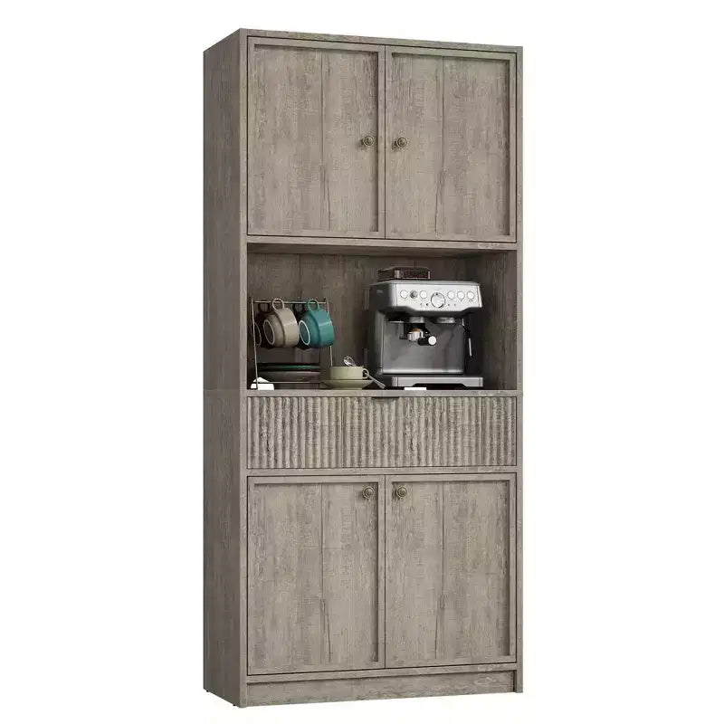 Tall Kitchen Pantry Cabinet , 70 Pantry Storage Cabinet with Countertop , Fluted Kitchen Hutch Cabinets with Doors and Drawer , Freestanding Cupboard