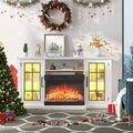 59 in 3 Sided Glass Fireplace TV Stand for TVs Up to 65 Rustic Media Console with LED Lights Glass Door Storage Distressed White Entertainment Center