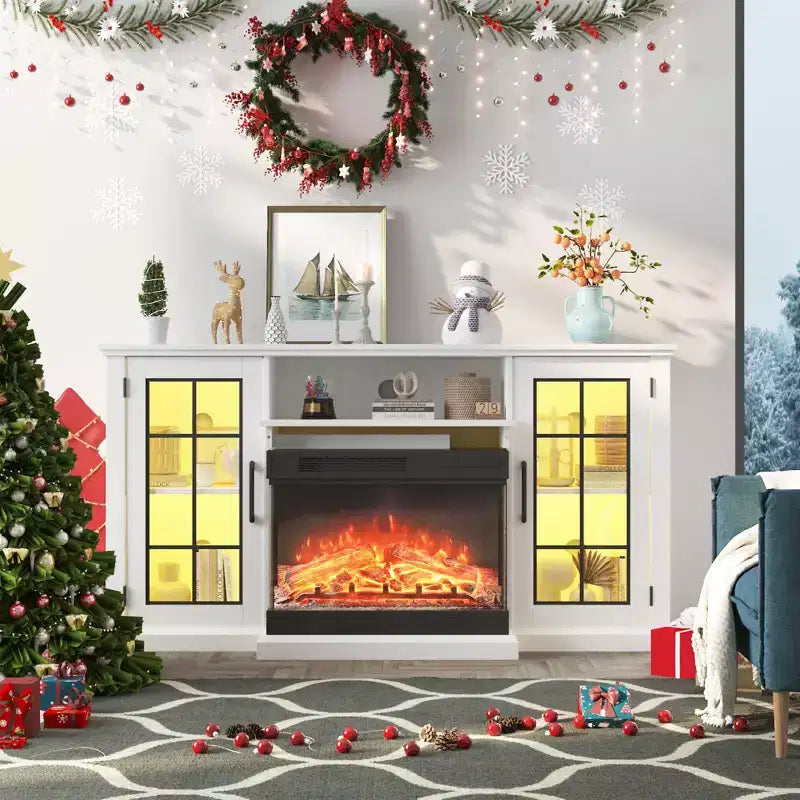 59 in 3 Sided Glass Fireplace TV Stand for TVs Up to 65 Rustic Media Console with LED Lights Glass Door Storage Distressed White Entertainment Center