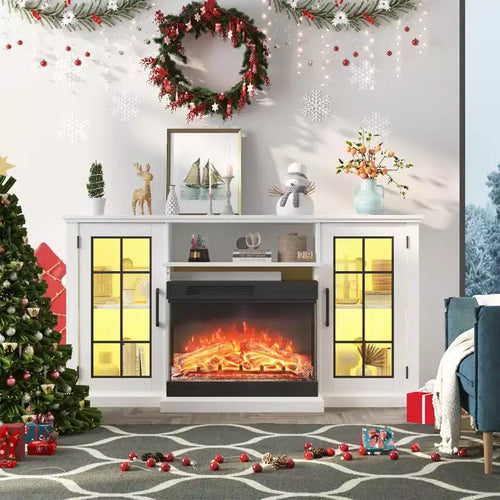 59 in 3 Sided Glass Fireplace TV Stand for TVs Up to 65 Rustic Media Console with LED Lights Glass Door Storage Distressed White Entertainment Center