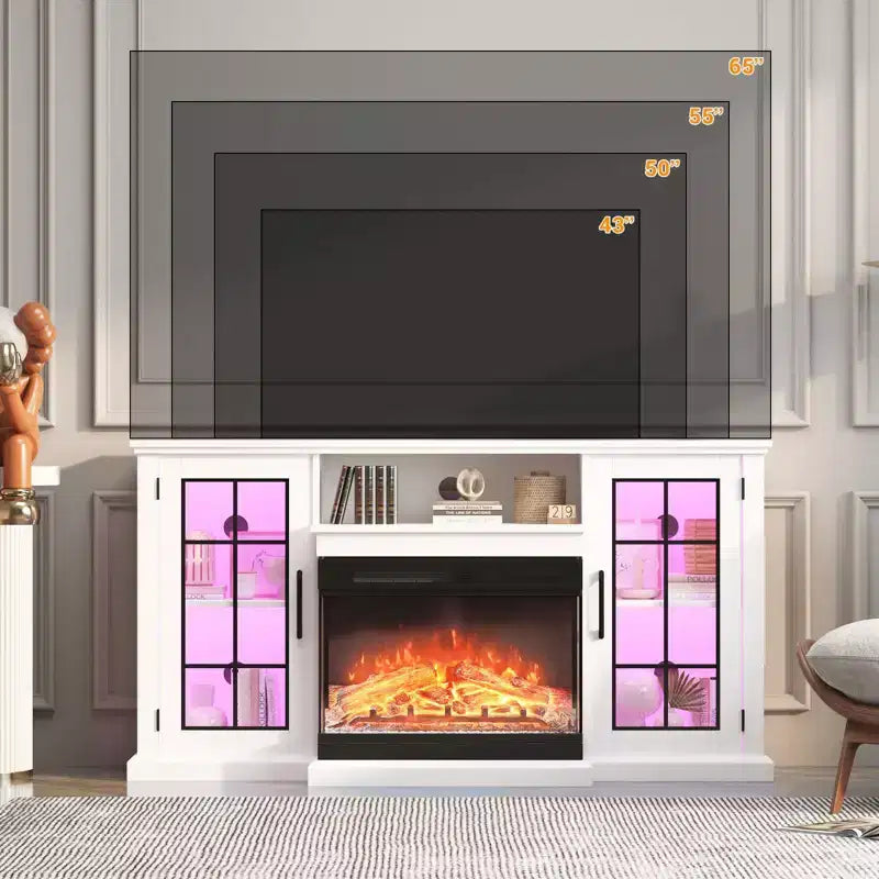 59 in 3 Sided Glass Fireplace TV Stand for TVs Up to 65 Rustic Media Console with LED Lights Glass Door Storage Distressed White Entertainment Center