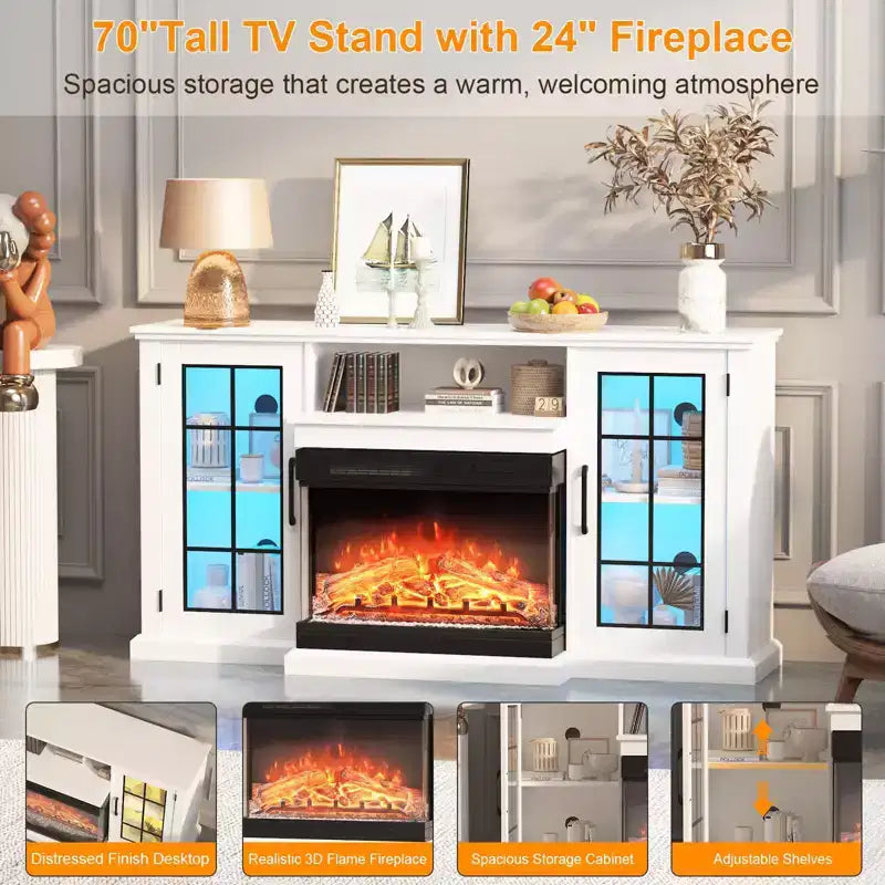 59 in 3 Sided Glass Fireplace TV Stand for TVs Up to 65 Rustic Media Console with LED Lights Glass Door Storage Distressed White Entertainment Center