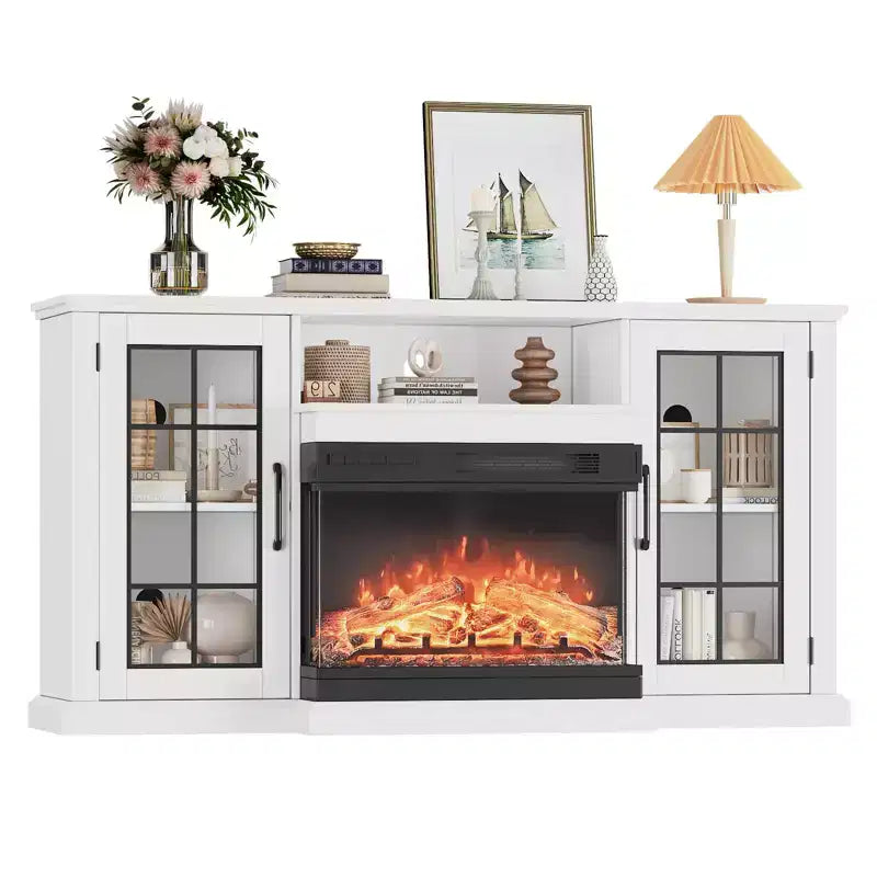 59 in 3 Sided Glass Fireplace TV Stand for TVs Up to 65 Rustic Media Console with LED Lights Glass Door Storage Distressed White Entertainment Center