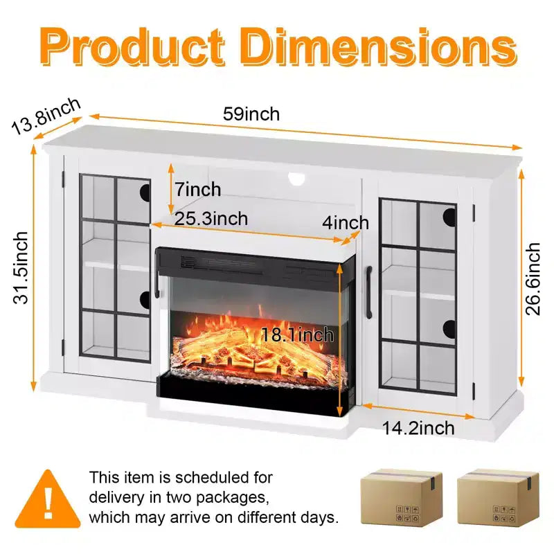 59 in 3 Sided Glass Fireplace TV Stand for TVs Up to 65 Rustic Media Console with LED Lights Glass Door Storage Distressed White Entertainment Center