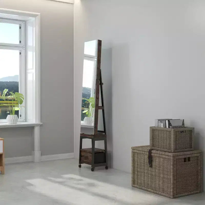 Swivel Jewelry Armoire, Floor Standing Locking Jewelry Armoire with Full Length Mirror,Bottom Drawer, Shelf, Wheels,White Jewelry Cabinet