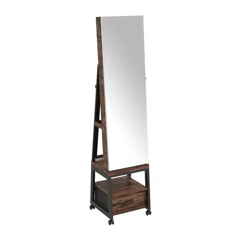 Swivel Jewelry Armoire , Floor Standing Locking Jewelry Armoire with Full Length Mirror , Bottom Drawer , Shelf , Wheels , White Jewelry Cabinet