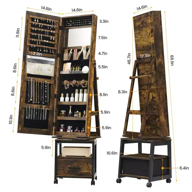 Swivel Jewelry Armoire , Floor Standing Locking Jewelry Armoire with Full Length Mirror , Bottom Drawer , Shelf , Wheels , White Jewelry Cabinet
