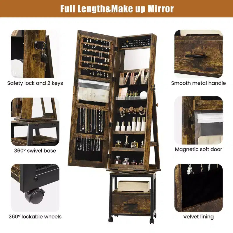 Swivel Jewelry Armoire , Floor Standing Locking Jewelry Armoire with Full Length Mirror , Bottom Drawer , Shelf , Wheels , White Jewelry Cabinet