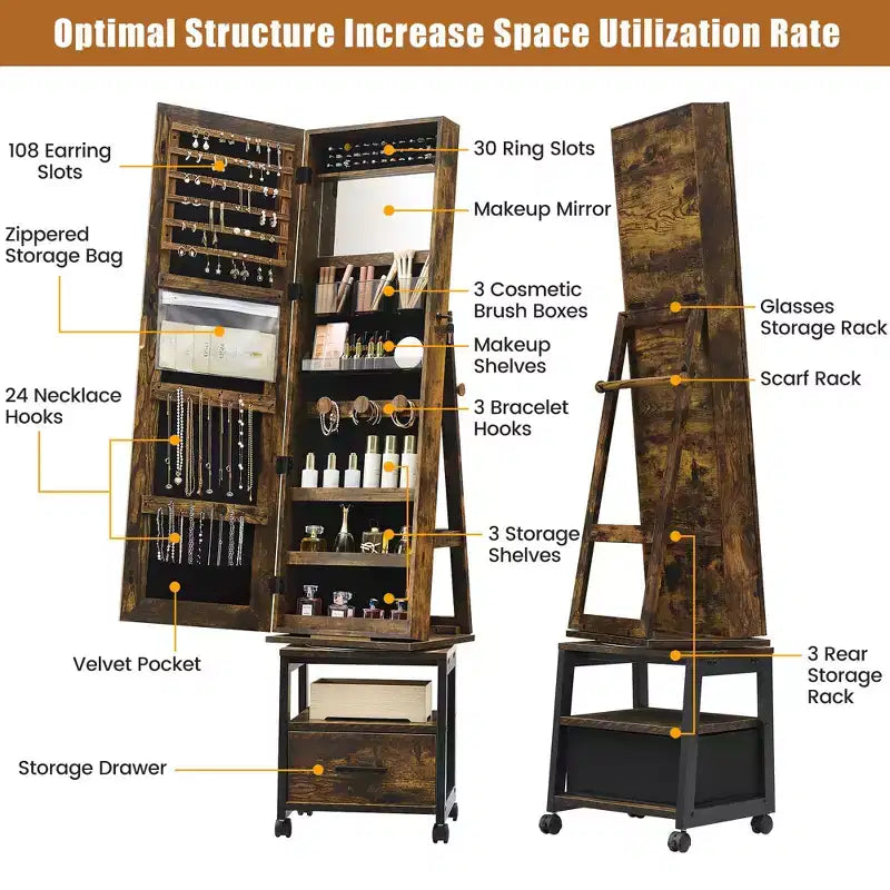 Swivel Jewelry Armoire , Floor Standing Locking Jewelry Armoire with Full Length Mirror , Bottom Drawer , Shelf , Wheels , White Jewelry Cabinet