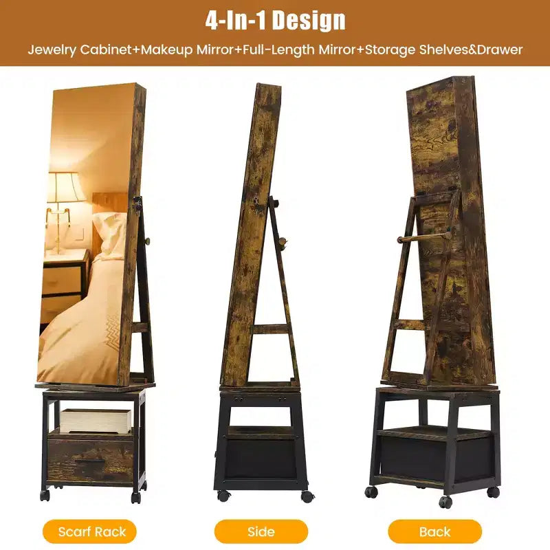 Swivel Jewelry Armoire , Floor Standing Locking Jewelry Armoire with Full Length Mirror , Bottom Drawer , Shelf , Wheels , White Jewelry Cabinet