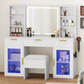 Modern Vanity Desk with Stool Makeup Table LED Lighted Mirror RGB Glass Cabinets 3 Drawers Shelves for Bedroom Dressing Room Dresser