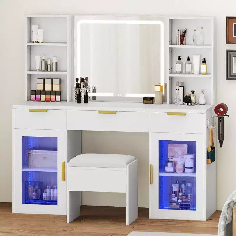 Modern Vanity Desk with Stool Makeup Table LED Lighted Mirror RGB Glass Cabinets 3 Drawers Shelves for Bedroom Dressing Room Dresser