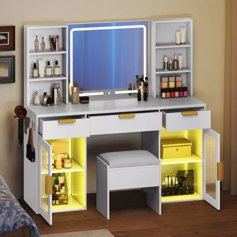 Modern Vanity Desk with Stool Makeup Table LED Lighted Mirror RGB Glass Cabinets 3 Drawers Shelves for Bedroom Dressing Room Dresser
