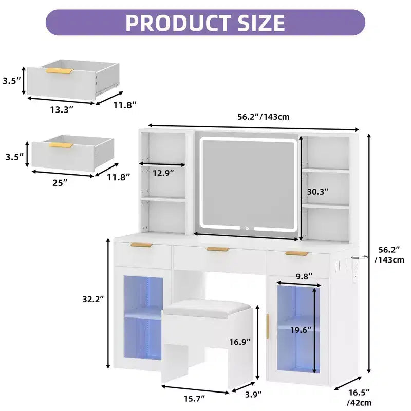 Modern Vanity Desk with Stool Makeup Table LED Lighted Mirror RGB Glass Cabinets 3 Drawers Shelves for Bedroom Dressing Room Dresser