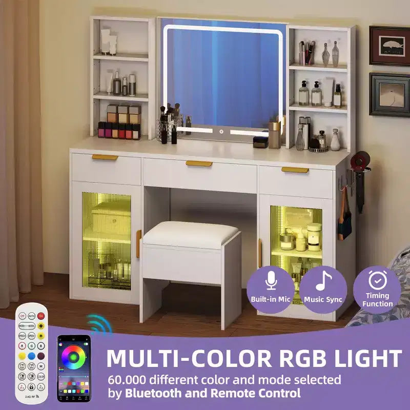 Modern Vanity Desk with Stool Makeup Table LED Lighted Mirror RGB Glass Cabinets 3 Drawers Shelves for Bedroom Dressing Room Dresser